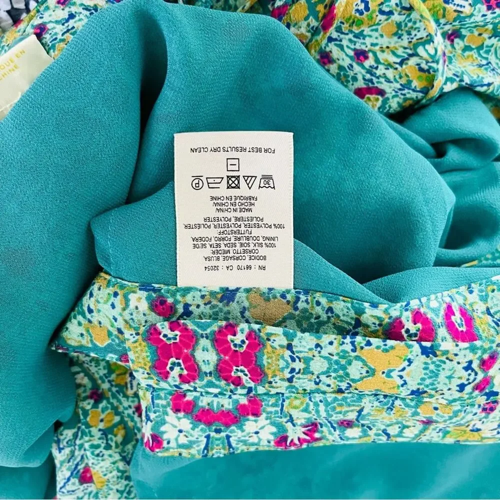 Anthropologie Maeve green pink silk floral boho strappy button tunic top 6 - Picture 9 of 11